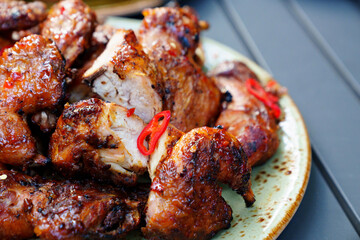 a plate of grilled meat. chicken kebab. 