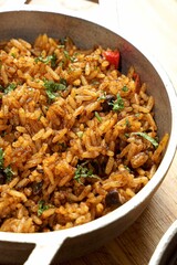 Vertical shot of the Dominican fried rice in a pan