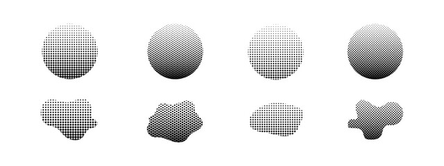 Set of abstract design elements, halftone. Pattern template. Dots, spots, stains, circle, honeycomb, rhombus. Vector illustration. 