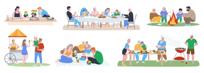 Family food concept. Big happy family having dinner the table. Parents and children cook together. Outdoor barbecue picnic. Flat vector illustration. Eps10