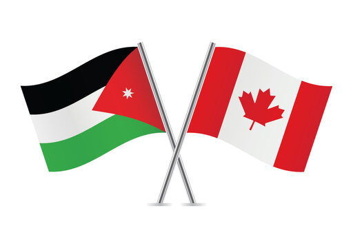 Jordan and Canada crossed flags. Jordanian and Canadian flags on white background. Vector icon set. Vector illustration.