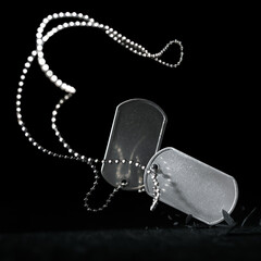 Falling military dog tags with blank space for text. Memorial Day or Veterans Day concept.