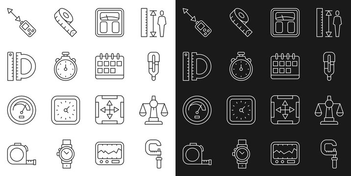 Set line Micrometer, Scales of justice, Medical thermometer, Bathroom scales, Stopwatch, Protractor and ruler, Laser distance measurer and Calendar icon. Vector