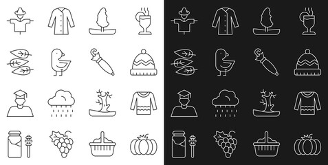Set line Pumpkin, Sweater, Winter hat, Tree, Little chick, Leaf or leaves, Scarecrow and Umbrella icon. Vector