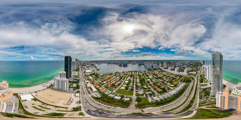 Aerial 360 vr photo spherical Golden Shores a residential neighborhood in Sunny Isles Beach FL