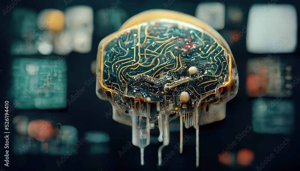 Aufkleber Artificial intelligence, deep learning of modern computer technologies. The brain is in the form of a microchip or microcircuit, on an isolated technological background.
