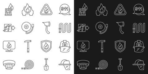 Set line Firefighter helmet, hose reel, flame in triangle, Ringing alarm bell, exit, burning building and axe icon. Vector