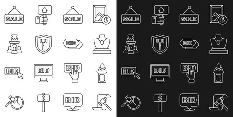 Set line Auction hammer, auctioneer sells, jewelry sale, sold, ancient vase, Price tag with Sale and Bid icon. Vector