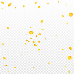 Indian rupee coins falling. Scattered gold INR