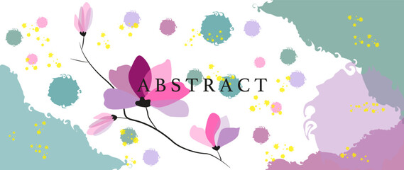 Vector abstract background. Pink flowers and twigs. Gold spots. Abstract pink, purple and green circles. Perfect as screensaver, background and wallpaper.