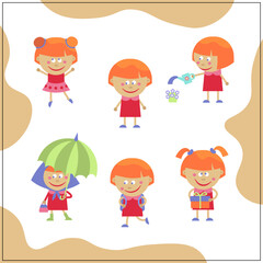 Vector illustration of a little kindergarten girl in everyday life situations clipart set. Kid watering flowers and dancing child