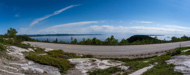 Batchawana Bay, Ontario, Canada. Overview of Lake Superior, Trans-Canada Highway and Batchawana Bay Provincial Park. Panoramic view. 