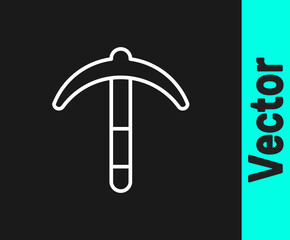 White line Pickaxe icon isolated on black background. Vector