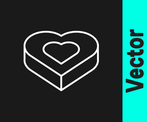 White line Candy in heart shaped box icon isolated on black background. Valentines Day. Vector