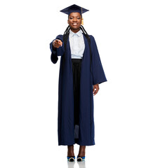 education, graduation and people concept - happy graduate student woman in mortarboard and bachelor gown pointing to camera over white background