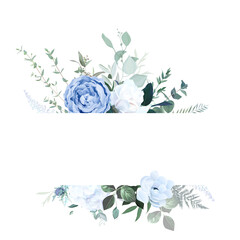 Dusty blue rose, white hydrangea, ranunculus, anemone, eucalyptus, greenery, juniper, magnolia