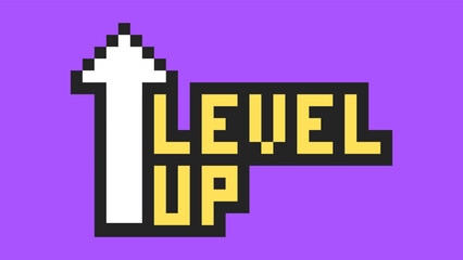 The inscription "level up" with an up arrow. Pixel art game symbol