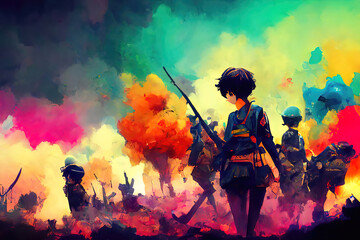Naklejka premium Colorful war scene, smoke reaching into a battle worn sky