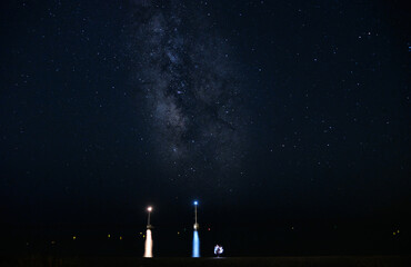 Menorca, Spain: Panoramic long exposure Night astrophotography. Milky Way over Son Bou beach, Menorca, Balearic Islands, Spain