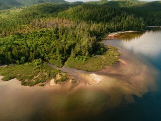 Sandy beach on the lake with green trees. Canadian Nature Background. Aerial View from Above. Kennedy Lake in Vancouver Island near Tofino and Ucluelet, British Columbia, Canada.