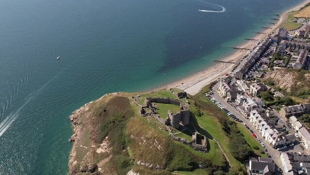 Criccieth, North Wales. Coastline, beaches and buildings.