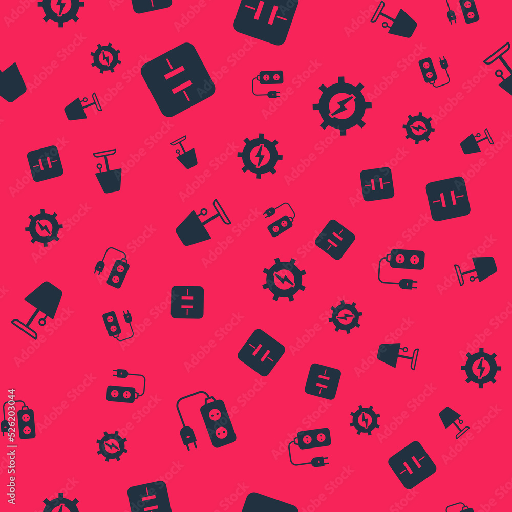 Poster set electric extension, electrolytic capacitor, table lamp and gear and lightning on seamless patter