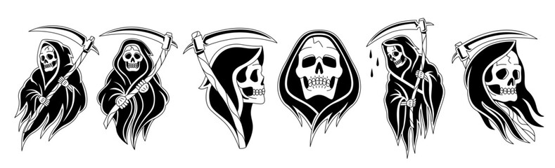 Set of reaper tattoo Death Halloween season Vector - obrazy, fototapety, plakaty