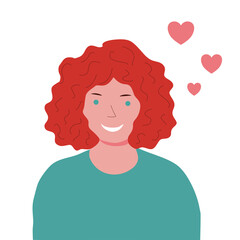 Portrait of young smiling girl with red curly hair and green eyes, and hearts, flat raster