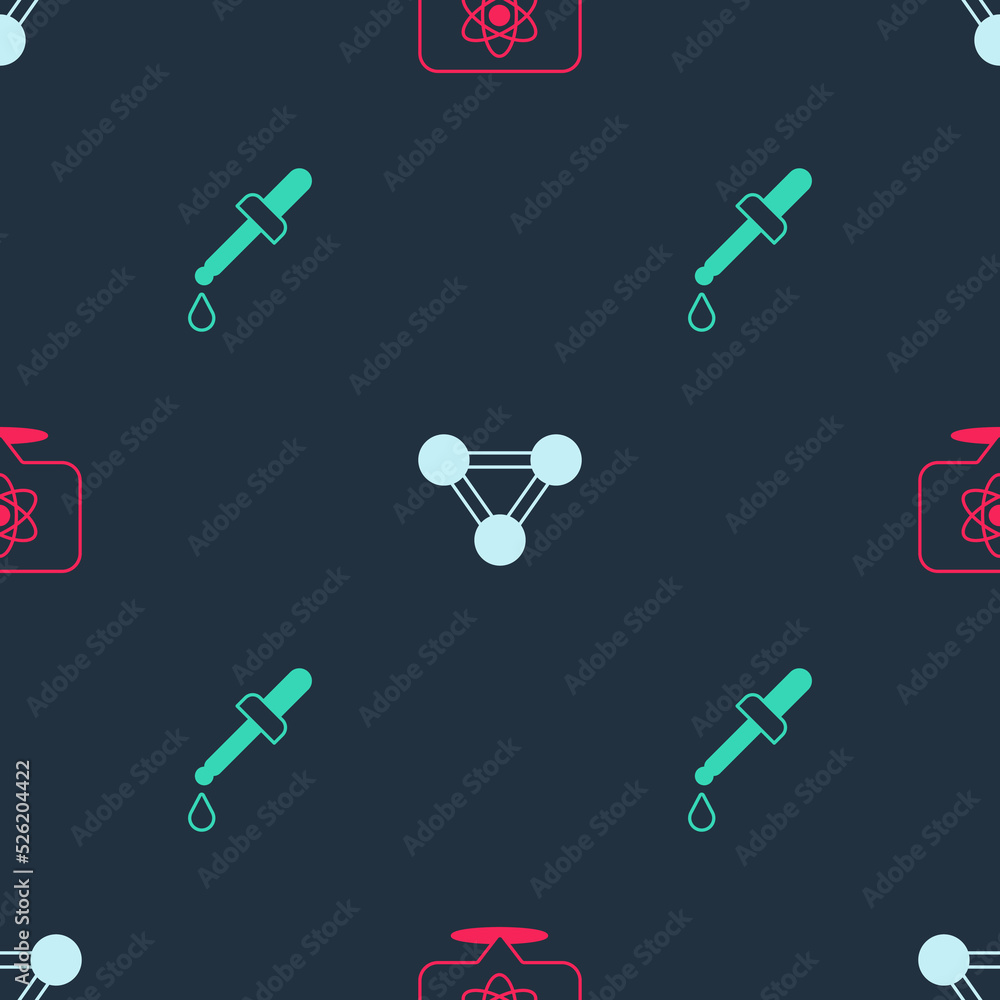 Poster set atom, molecule and pipette on seamless pattern. vector