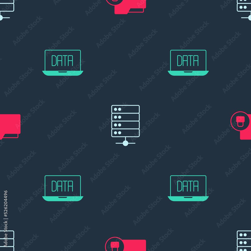 Poster set folder and lock, server and data analysis on seamless pattern. vector