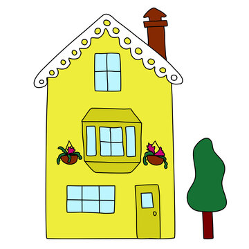 Old Style Yellow House With Chimney, Decor On Roof And With Flowers, Flat Raster