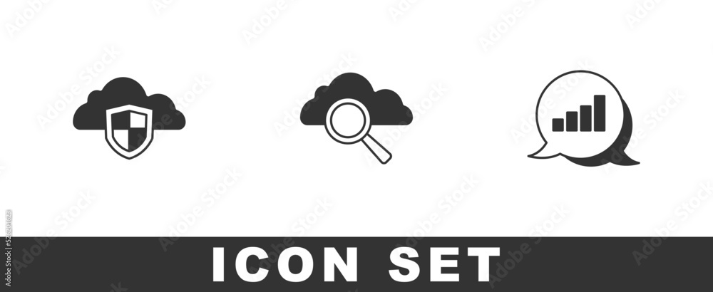Aufkleber set cloud and shield, search cloud computing and pie chart infographic icon. vector