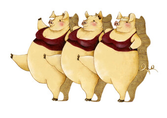 豚が仲良くダンスする　手描き風