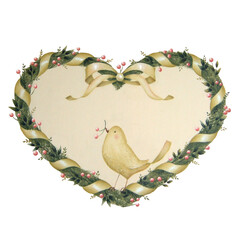 ハートのリースと白い鳥　手描き風