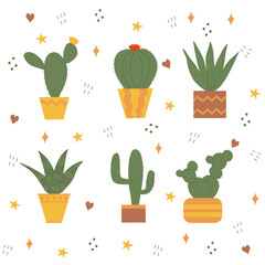 Set of different cactus in pots on doodle background, flat doodle raster