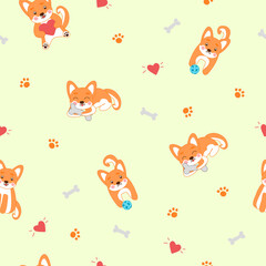 Seamless pattern with Kawaii style Corgi, shiba inu dogs, sitting with heart, playing, eating bone