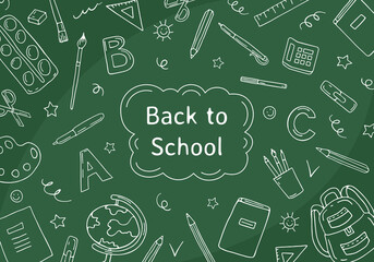 Back to school. Text, an inscription drawn in white chalk on a blackboard with school supplies in the doodle style. Banner, greeting card.
