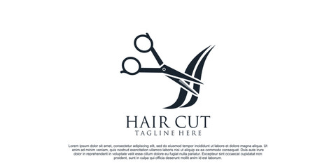 Hair cut logo design for women beauty salon with hair scissor and creative concept Premium Vector
