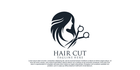 Hair cut logo design for women beauty salon with hair scissor and creative concept Premium Vector