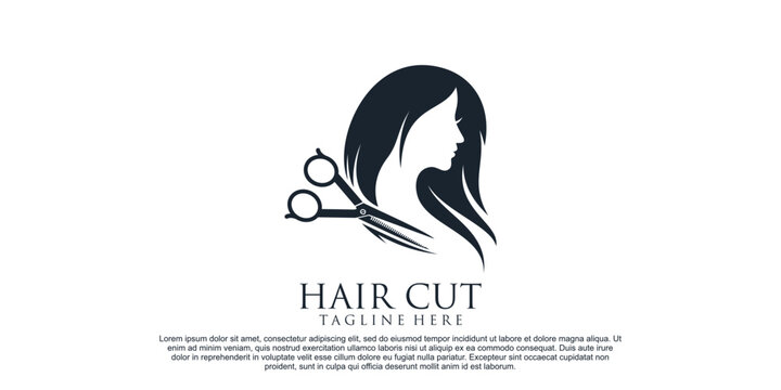 Hair cut logo design for women beauty salon with hair scissor and creative concept Premium Vector