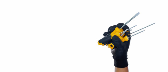 hand holding different types yellow black screwdriver isolated white background