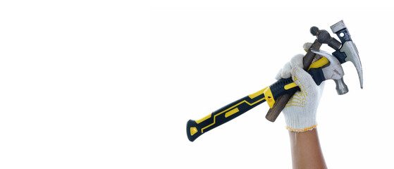 hand wearing white gloves holding different types yellow black hammer isolated white background