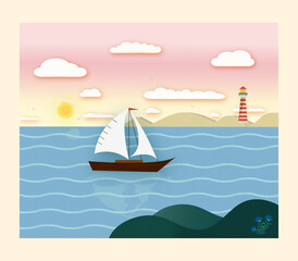Fototapeta premium Summer postcard with sea coast and yacht