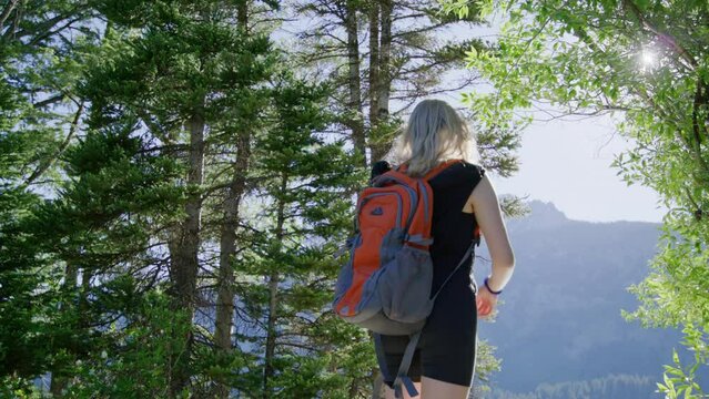 Tourist exploring pristine natural landscape of backcountry. Caucasian woman enjoying adventurous trip to backcountry, taking pictures of mountain range. High quality 4k footage