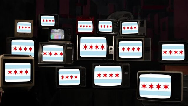 Flag of Chicago and Vintage Televisions. 4K Resolution.