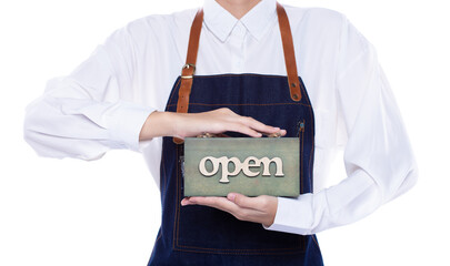 Fototapeta na wymiar Owner person hold Open Sign Business to show service at door entrance store, cafe, retail and welcome shop. Happy Entrepreneur female wear waitress dress as open business time again concept