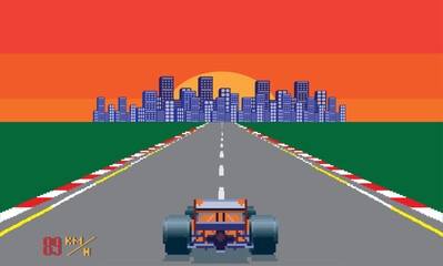 pixelated retro arcade racing car formula. pixel city background