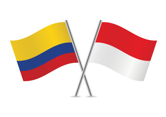 Colombia and Indonesia crossed flags. Colombian and Indonesian flags are on white background. Vector icon set. Vector illustration.