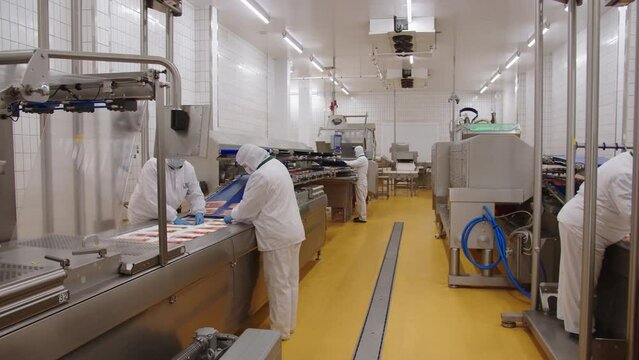 Industrial production line for the production of bacon for shops. Cutting, labeling, packaging