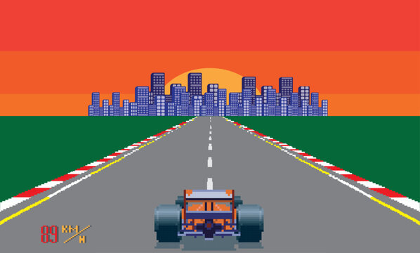 Pixelated Retro Arcade Racing Car Formula. Pixel City Background